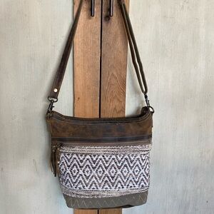 Brown and Cream Patterned Shoulder Myra Bag Leather